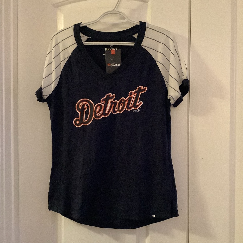 Fanatics Ladie's Navy & White Detroit Tigers Baseball Jersey Short Raglan Sleeve